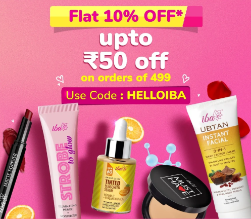 IBA Cosmetics: Flat 10% OFF Up to ₹50 with Code